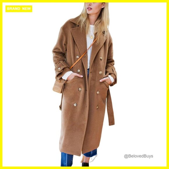 Jackets & Blazers - Long Wool Pea Coat Double Breasted Trench Belted Overcoat Below Knee